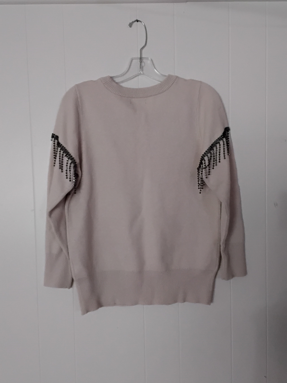 Alfani Pale Pink Crewneck Sweater with Black Beaded Fringe